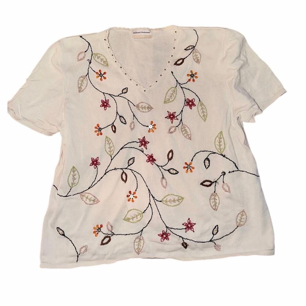Vintage Alfred dunner cotton blend cream sweater autumn fall leaves embroider 2X